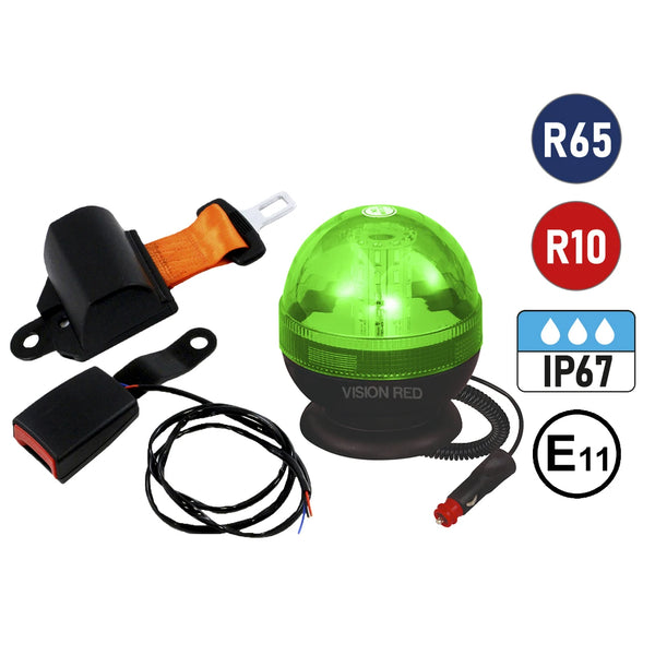 Vision Red CLASSIC Magnetic Seat Belt Kit - Includes 12/24V Green Magnetic Beacon & Retractable Seatbelt with Microswitch
