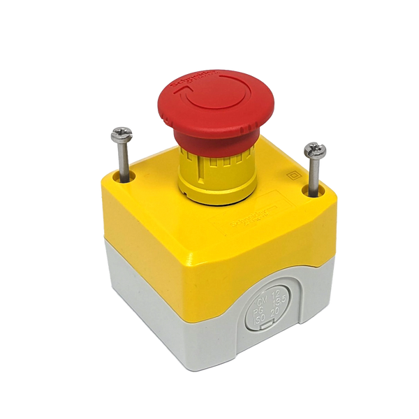 Emergency Stop Push Button c/w Open Switch & Closed Switch (Includes Yellow Surface Mounted Box)