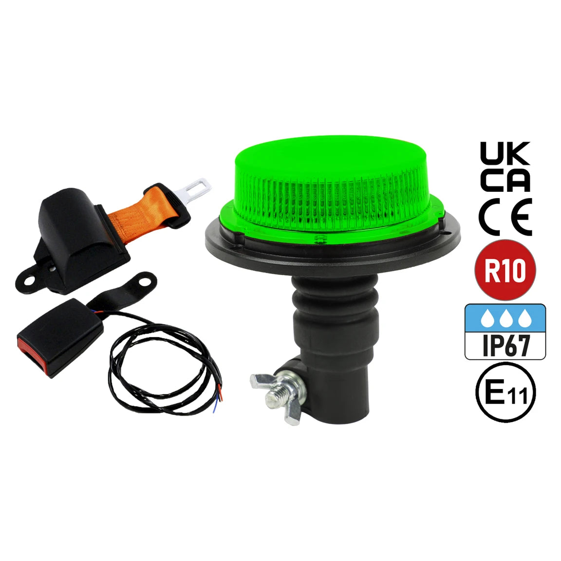 Vision Red ECO Flexi Seat Belt Kit - Includes 12/24V Green Flexible Stem Beacon & Retractable Seatbelt with Microswitch