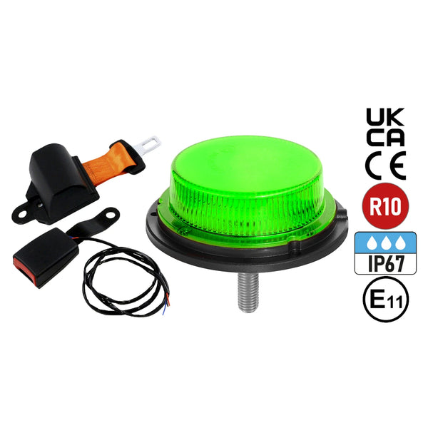 Vision Red ECO Single Bolt Seat Belt Kit - Includes 12/24V Green Single Bolt Beacon & Retractable Seatbelt with Microswitch